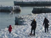 Winterurlaub auf der Insel Usedom: Möwenfüttern am Ostseestrand.