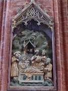 "Anbetung der heiligen drei Knige": Holzrelief in der Kirche Sankt Nikolai in Wismar.