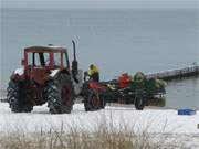 Harte Arbeit im kalten Ostseewasser: Frischer Fang wird am Ostseestrand von Klpinsee eingebracht.