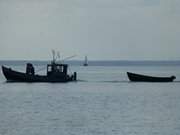 Fischerei auf dem Achterwasser: Fischerboote bei Pudagla.