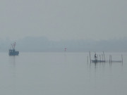 Im Dunst: Fischerboot auf dem Achterwasser nahe Lütow.