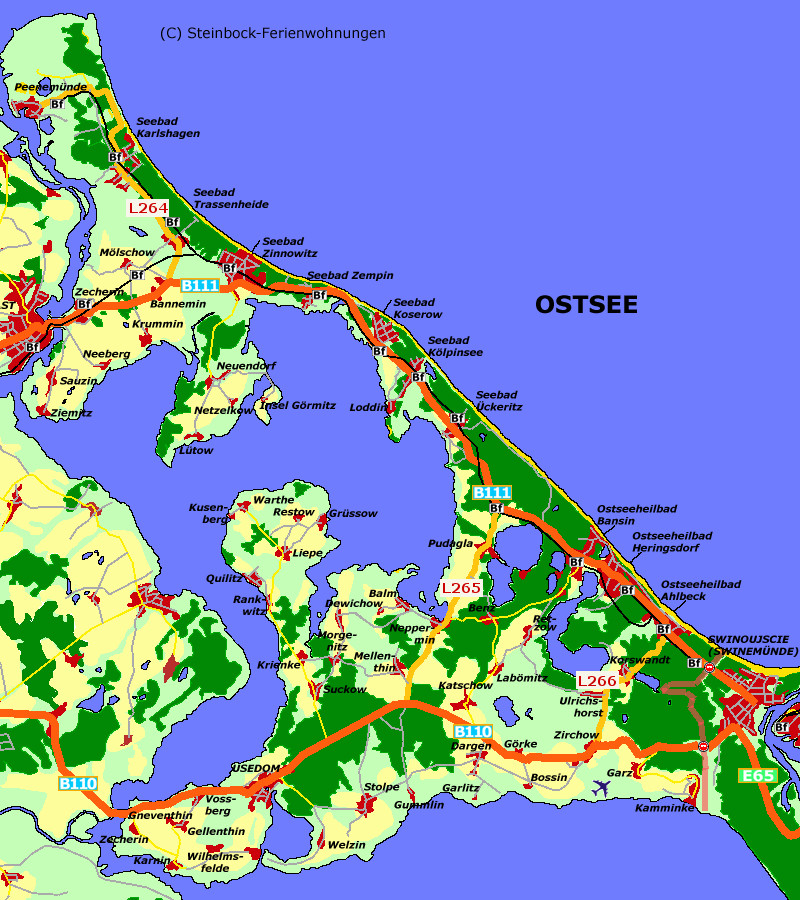 Usedom auf der Landkarte: Ausflüge mit Auto oder Bahn.