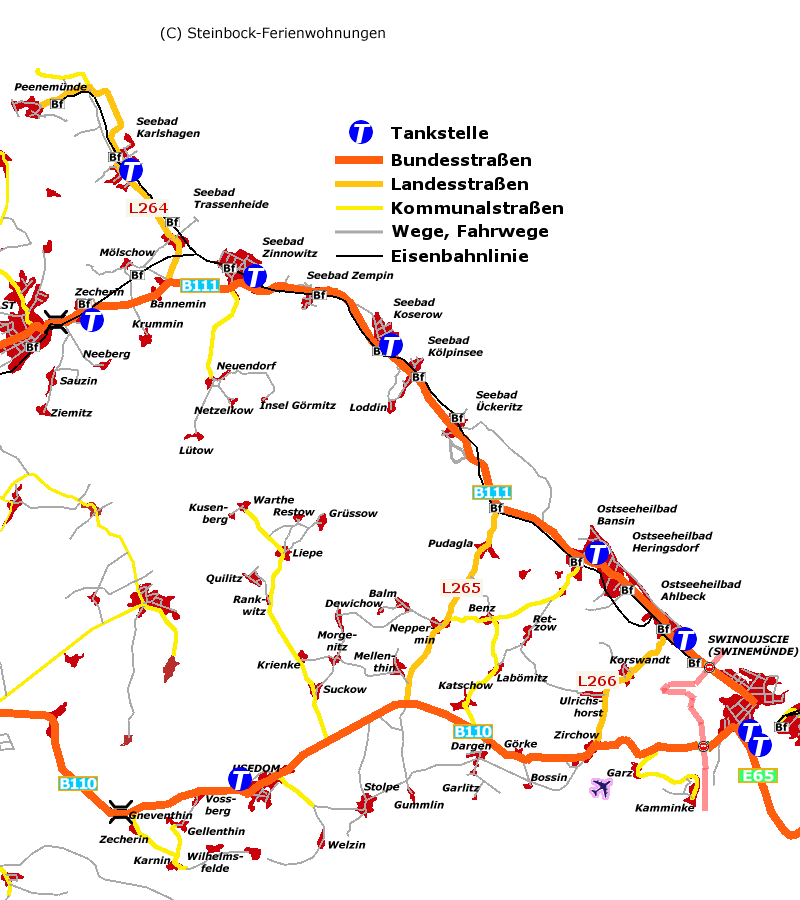 Bahnlinien, Bundes-, Landes- und Kommunalstraßen auf Usedom.