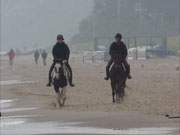 Freizeitmglichkeiten auf der Insel Usedom: Reiter auf dem Ostseestrand zwischen Koserow und Klpinsee.