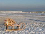 Mit den Kindern an den Ostseestrand: Schlitten vor der zufrierenden Ostsee bei Klpinsee.