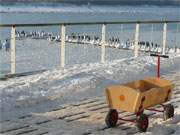 Mit dem Bollerwagen auf die Seebrcke: Der verschneite Ostseestrand von Heringsdorf.