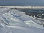 Auftauende Ostsee bei Koserow: Das trge schwappende Ostseewasser huft Eisschollen auf.