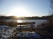 Blick in die Abendsonne: Bank am Ufer des romantischen Klpinsees.