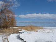 Zugefroren: Ein kleiner Sandstrand auf der Usedomer Halbinsel Gnitz am Achterwasser.