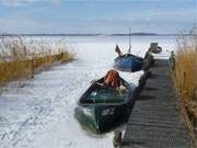 Tief im Eis: Fischerboote im Achterwasserhafen von Warthe auf der Insel Usedom.