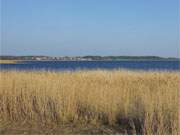 Das Bernsteinbad ckeritz hinter dem in der Abendsonne blau leuchtenden Achterwasser.