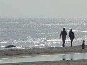 Vor dem gleienden Ostseewasser: Strandspaziergang am Ostseestrand von Usedom.