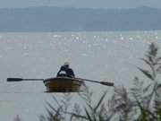 Auf dem Achterwasser: Ruderboot am Sportboothafen von ckeritz.