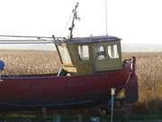 Achterwasserhafen des Seebades Loddin: Fischerboot im Schilf.