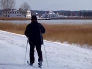 Auf schtterer Schneedecke: Skifahrer auf dem Deich am Peenestrom.