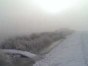 Auf dem Deich an der Melle: Das Loddiner Hft im Schnee.