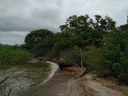 Usedomer Hinterland: Winziger Sandstrand am Achterwasser.