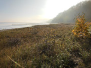 Schutzmauer am Streckelsberg: Letzter Morgennebel am Ostseestrand.