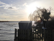 Idyllisches Pltzchen an der "Kehle": Terrasse mit Strandkrben.