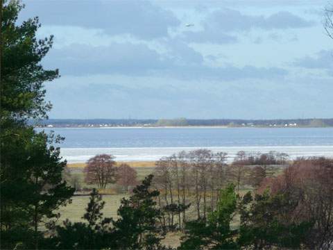 Halbgefrorenes: Das teilweise vereiste Achterwasser vom Loddiner Galgenberg aus gesehen.