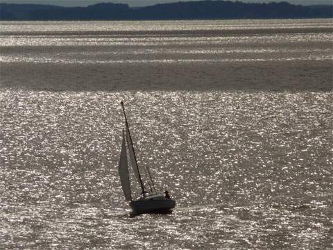 Blick vom Hftberg bei Loddin: Die Flche des Achterwassers erstrahlt im abendlichen Sonnenlicht.