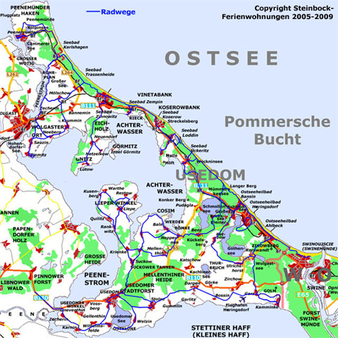 Radwege auf Usedom: Gesamtberblick ber das Radwegenetz der Insel.