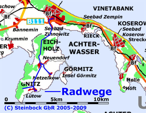 Gnitz auf Usedom: Radfahren zwischen Zinnowitz und Ltow.