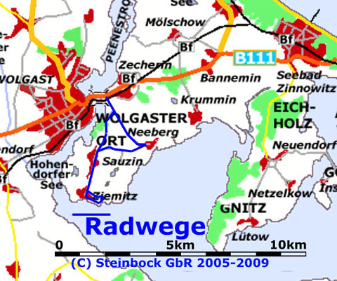 Wolgaster Ort auf Usedom: Radfahren zwischen Peenestrom und Krumminer Wiek.