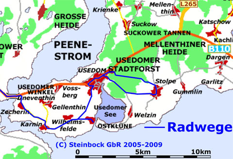 Radwege Usedomer Winkel: Karnin, Mnchow, Westklne und Zecherin.