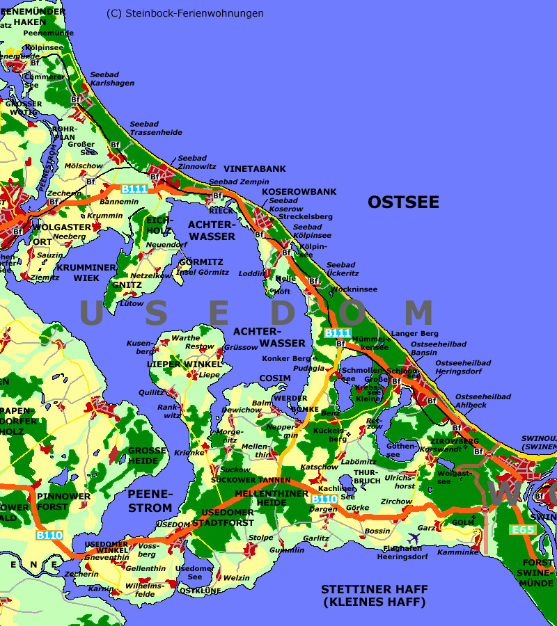 Landkarte der Ostseeinsel Usedom.