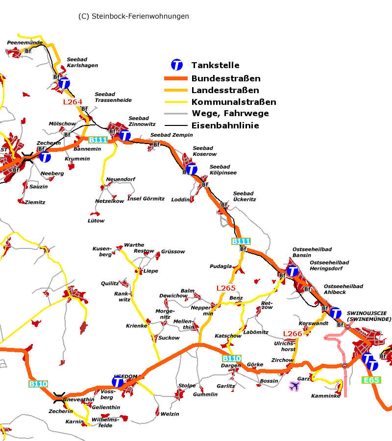 Bahnlinien, Bundes-, Landes- und Kommunalstraen auf Usedom.